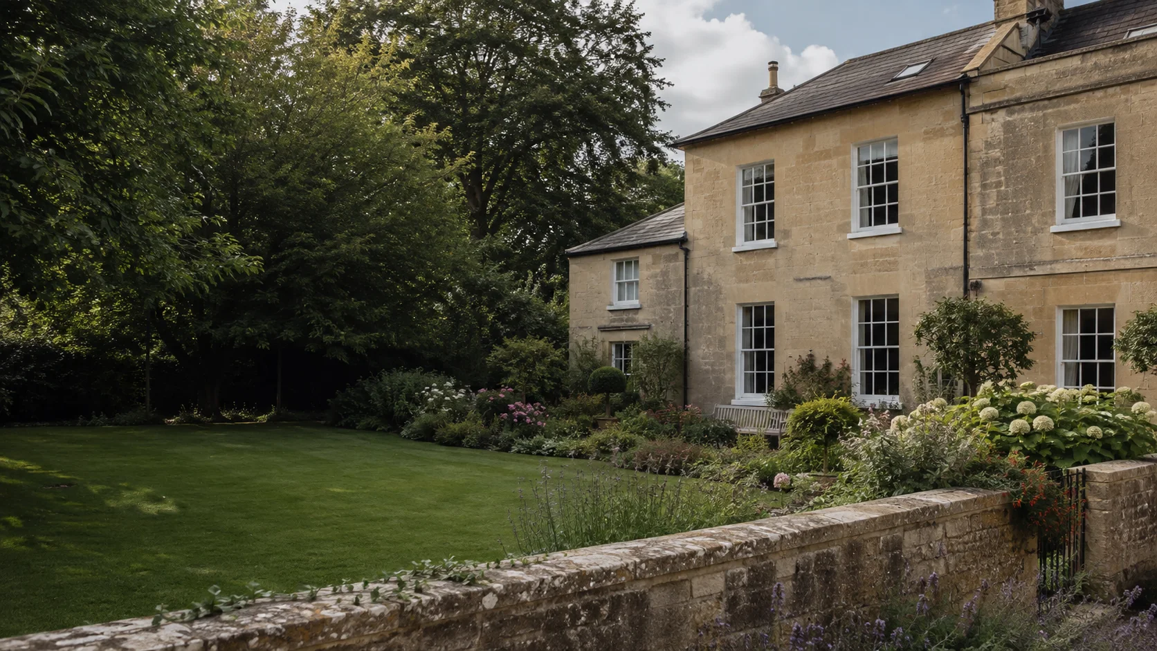 AI-generated illustration of a garden with Bath-style honey-coloured stone houses and sash windows; not an AHAH customer property or completed project.