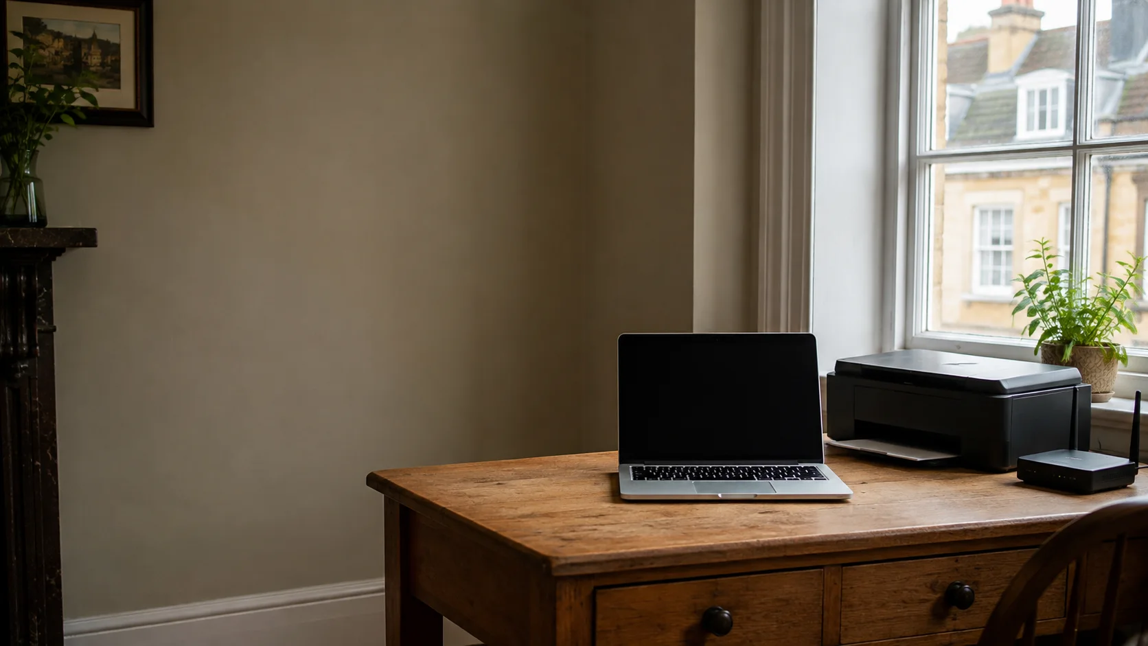 AI-generated illustration of a laptop, printer and home router in a Bath-style sitting room; not an AHAH customer property or completed project.