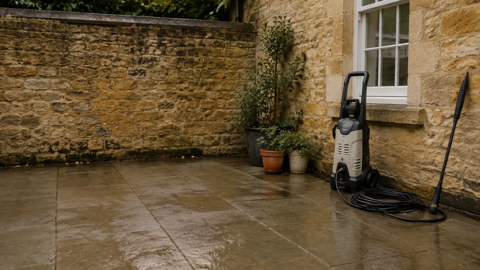 AI-generated illustration of a domestic patio and pressure-washing equipment in a Bath-style courtyard; not a customer job or before-and-after result.